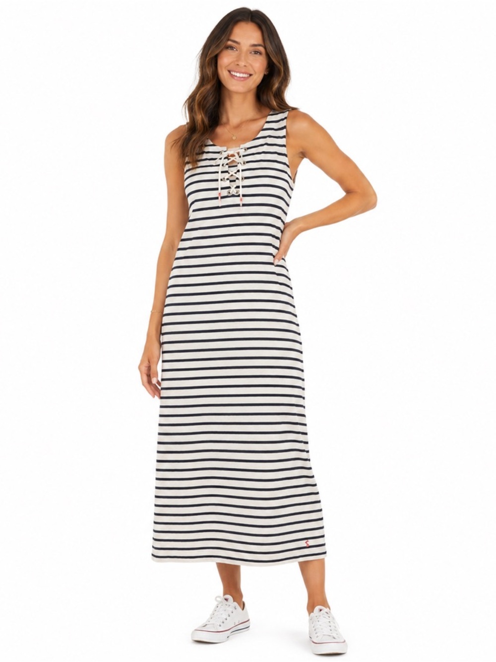 Joules Striped Lace Up Maxi Dress Nautical Coastal Resortwear Size 10